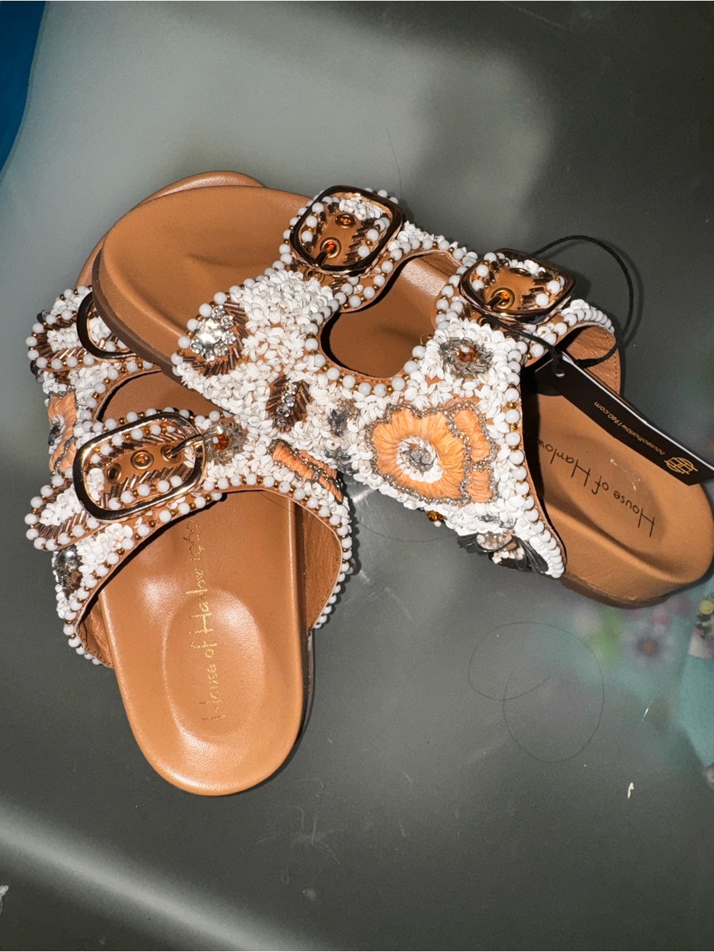 House of Harlow 1960 White Beaded & Tan Floral Buckle Slide Sandals